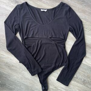 Black Long Sleeve Thong Bodysuit